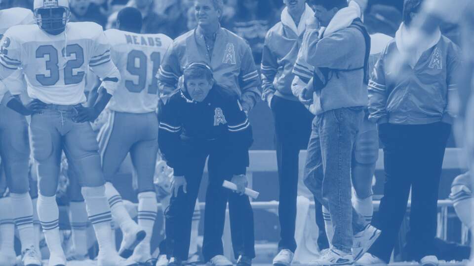 Head Coach Jerry Glanville of the Houston Oilers looks on from the sidelines against the New England Patriots during an NFL football game October 8, 1989 at Foxboro Stadium in Foxborough, Massachusetts. Glanville was the head coach of the Oilers from 1986-89.