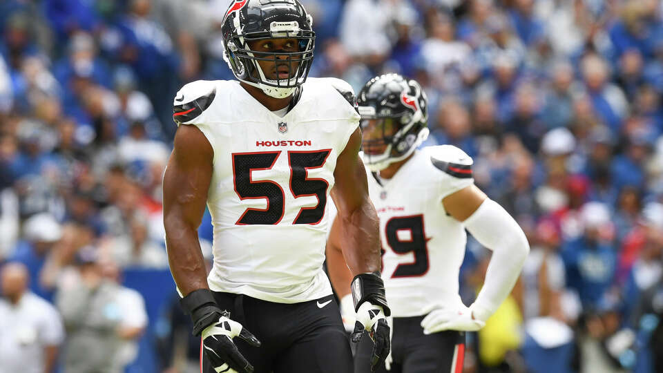 Houston Texans defensive end Danielle Hunter looks on during the NFL game between the Houston Texans and the Indianapolis Colts on September 8, 2024, at Lucas Oil Stadium in Indianapolis, Indiana. 