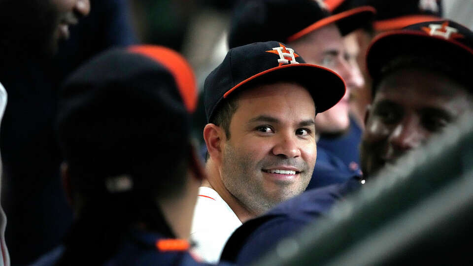 Houston Astros' Jose Altuve (27) in the dugout before the start of the first inning of an MLB game at Minute Maid Park on Thursday, Sept. 12, 2024, in Houston.