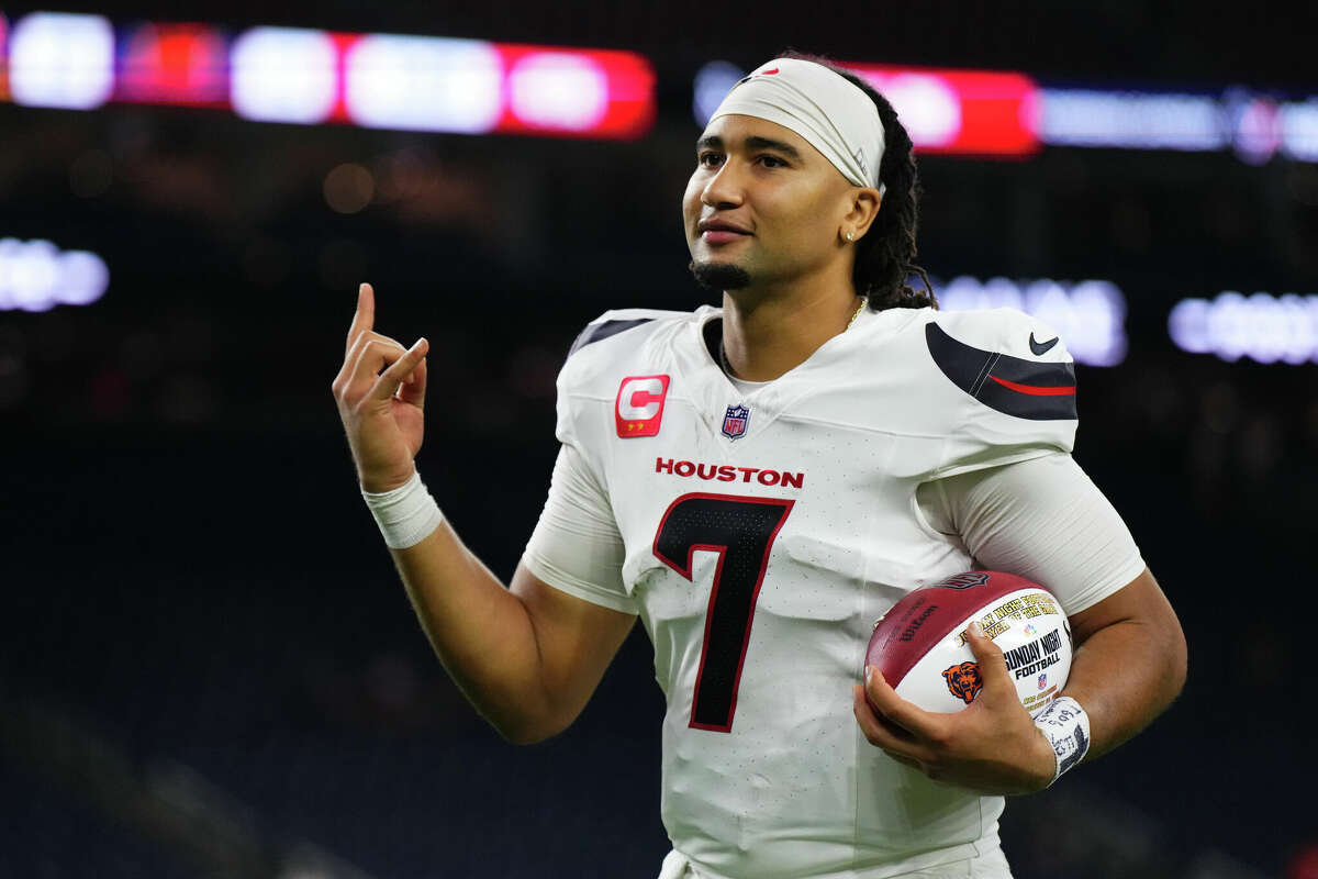 C.J. Stroud #7 of the Houston Texans celebrates after defeating the Chicago Bears after a football game at NRG Stadium on September 15, 2024 in Houston, Texas. 