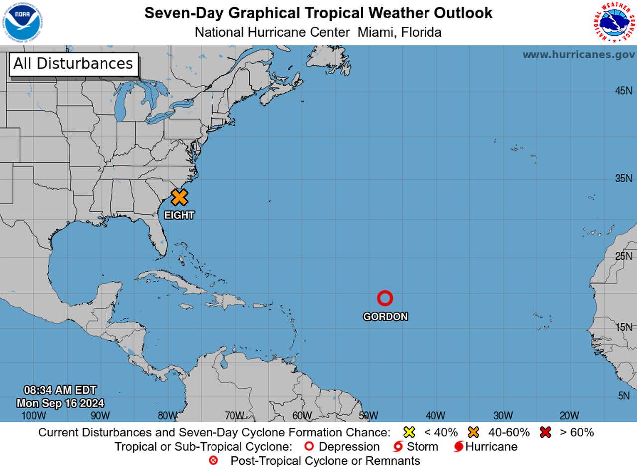 The seven-day graphical tropical weather outlook on September 16, 2024. Current disturbances include Tropical Depression Gordon in the Atlantic. 