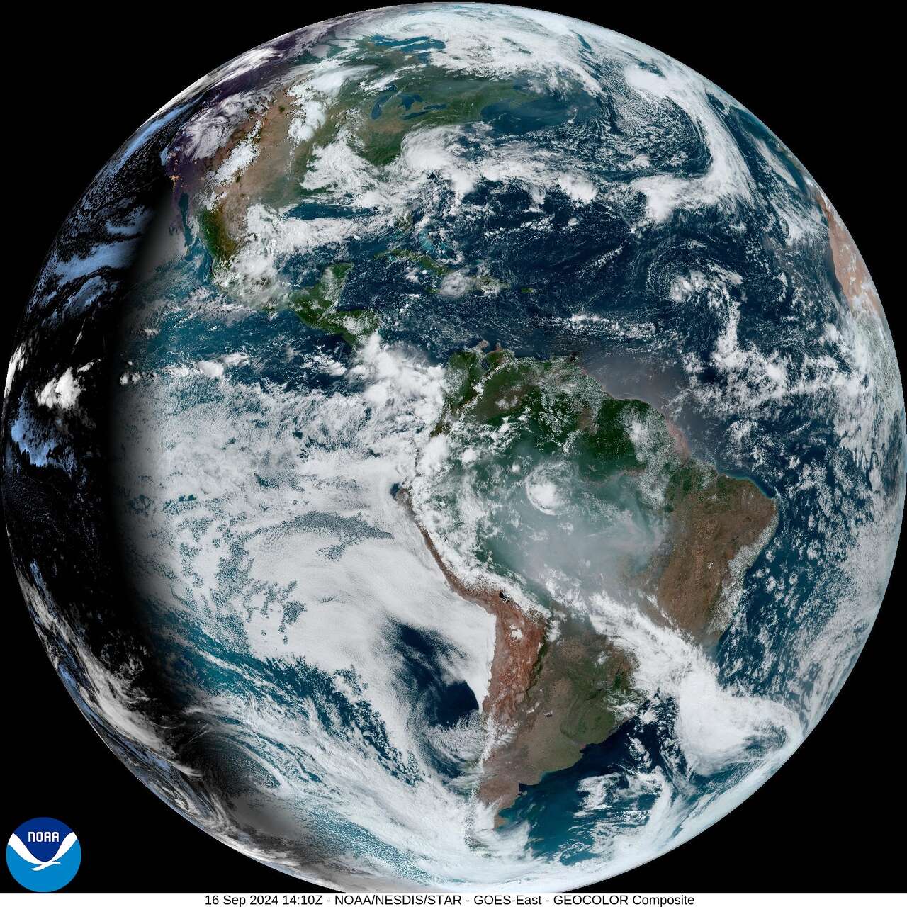 A NOAA GOES-East GEOCOLOR Composite of Earth on September 16, 2024.