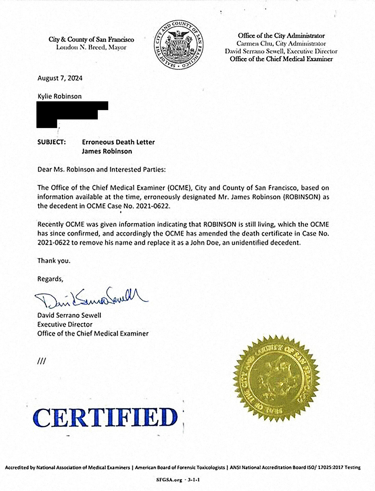 SF medical examiner said her dad died of an OD. It was a huge mistake