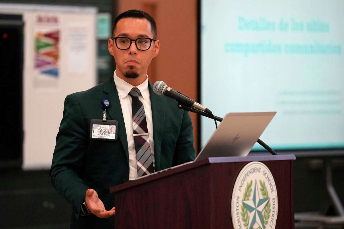 Dr. Daniel Solis speaks at Edison Middle School on Tuesday, Sept. 17, 2024, in Houston, as HISD held a town hall for community members on the proposal in the $4.4 billion school bond to co-locate Edison Middle School and Franklin Elementary Schools.