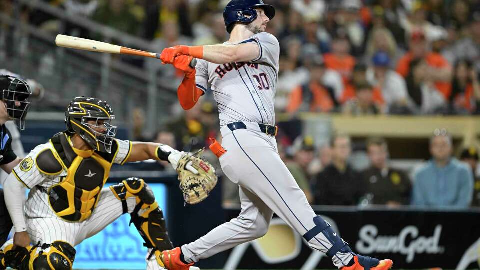 SAN DIEGO, CA - SEPTEMBER 17: Kyle Tucker #30 of the Houston Astros hits an RBI single during the 10th inning of a baseball game against the San Diego Padres, September 17, 2024 at Petco Park in San Diego, California.