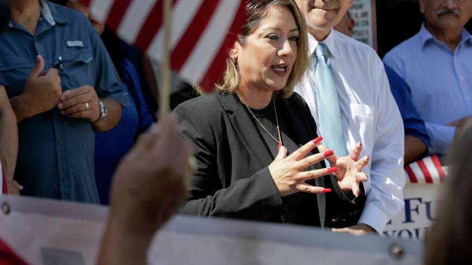 Cecilia Castellano, candidate for State Representative in District 80, addresses supporters and those joining via live stream during a campaign stop at the Frio County Courthouse on Wednesday, Sept. 18, 2024, in Pearsall, Texas.