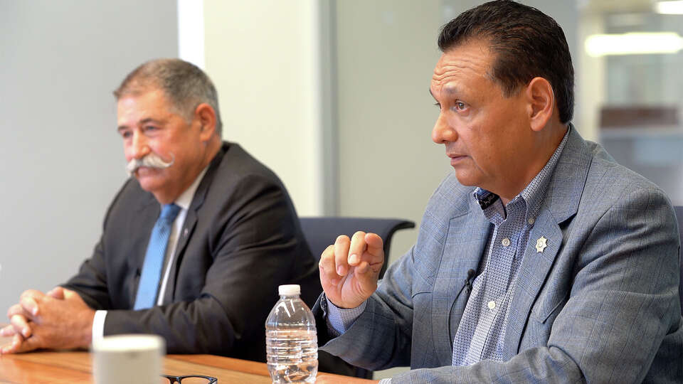 Sheriff candidate Mike Knox, left, and Harris County Sheriff Ed Gonzalez meet with the Editorial Board at the Houston Chronicle offices on September 5, 2024.