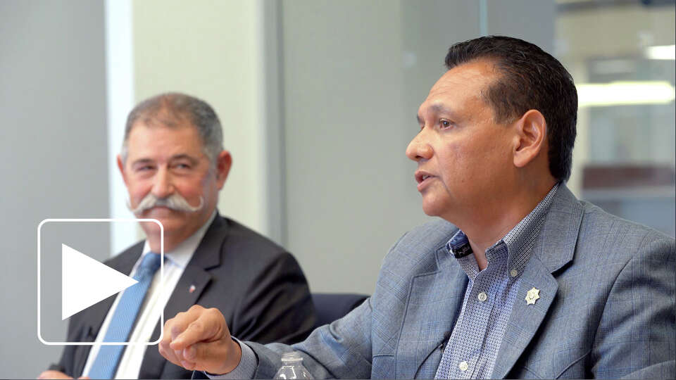 Sheriff candidate Mike Knox, left, and Harris County Sheriff Ed Gonzalez meet with the Editorial Board at the Houston Chronicle offices on September 5, 2024. 