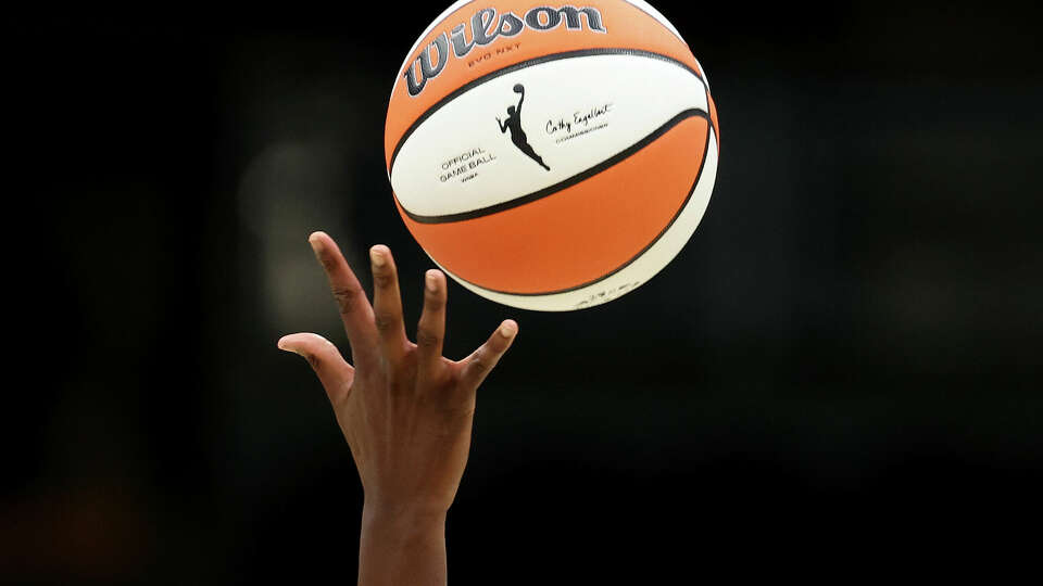 SEATTLE, WASHINGTON - JUNE 20: A detail of the WNBA logo is seen on the basketball during opening tipoff between the Seattle Storm and the Connecticut Sun at Climate Pledge Arena on June 20, 2023 in Seattle, Washington. (Photo by Steph Chambers/Getty Images)