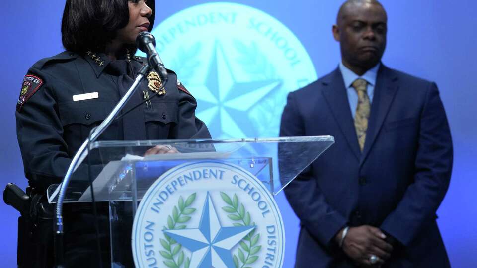 HISD Police Chief Shamara Garner gives comments about the recent threats at the school with Craig Straw, HISD emergency management director, on Thursday, Sept. 19, 2024 in Houston .