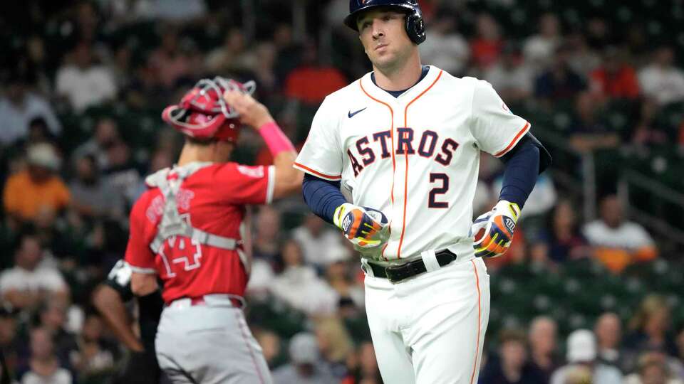 Houston Astros Alex Bregman (2) reacts after lining out during the first inning of an MLB baseball game at Minute Maid Park on Thursday, Sept. 19, 2024, in Houston.