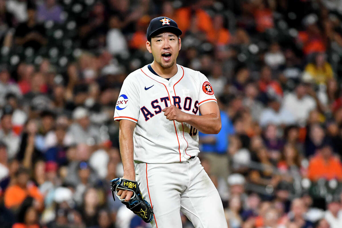 Yusei Kikuchi #16 of the Houston Astros reacts after pitching in the sixth inning against the Los Angeles Angels at Minute Maid Park on September 19, 2024 in Houston, Texas. 