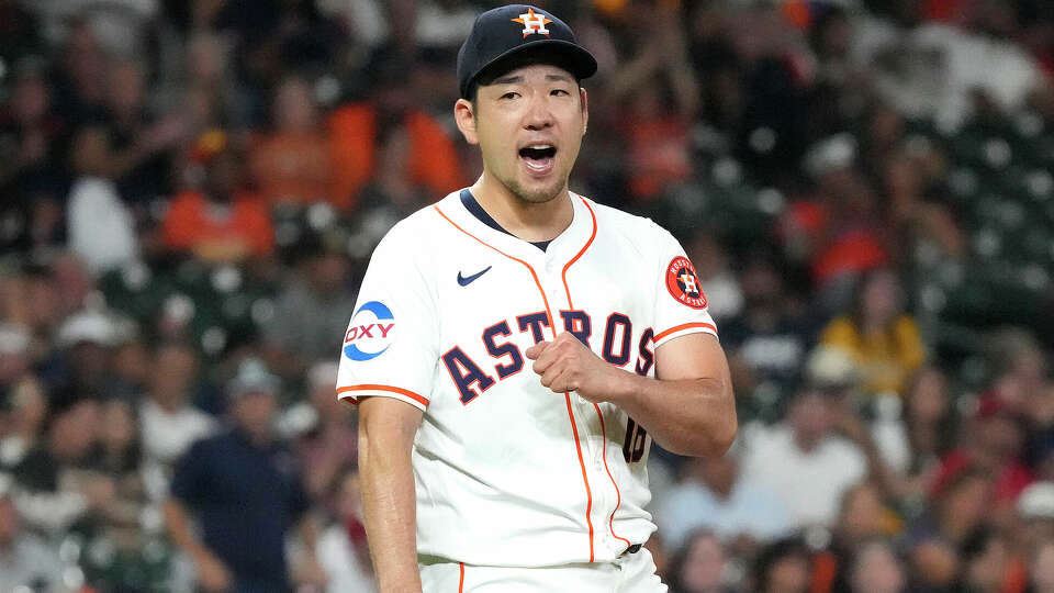 Houston Astros starting pitcher Yusei Kikuchi (16) reacts after striking out Los Angeles Angels Eric Wagaman during the sixth inning of an MLB baseball game at Minute Maid Park on Thursday, Sept. 19, 2024, in Houston.