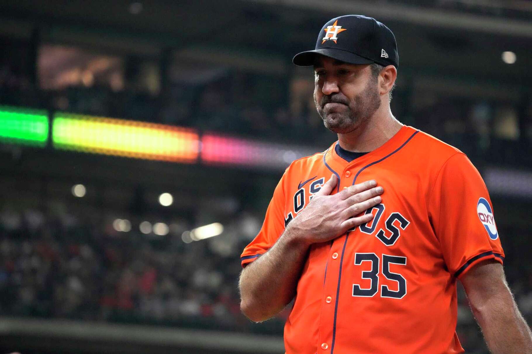Houston Astros starting pitcher Justin Verlander (35) reacts as manager Joe Espada pulled him after Los Angeles Angels Eric Wagaman's RBI double during the fifth inning of an MLB baseball game at Minute Maid Park on Friday, Sept. 20, 2024, in Houston.