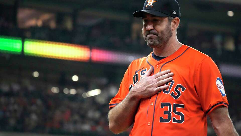 Houston Astros starting pitcher Justin Verlander (35) reacts as manager Joe Espada pulled him after Los Angeles Angels Eric Wagaman's RBI double during the fifth inning of an MLB baseball game at Minute Maid Park on Friday, Sept. 20, 2024, in Houston.