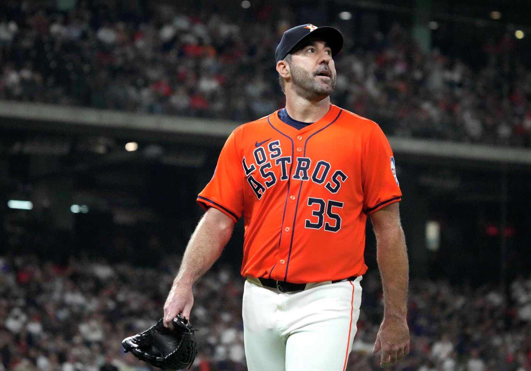 Houston Astros starting pitcher Justin Verlander (35) reacts as manager Joe Espada pulled him after Los Angeles Angels Eric Wagaman's RBI double during the fifth inning of an MLB baseball game at Minute Maid Park on Friday, Sept. 20, 2024, in Houston.
