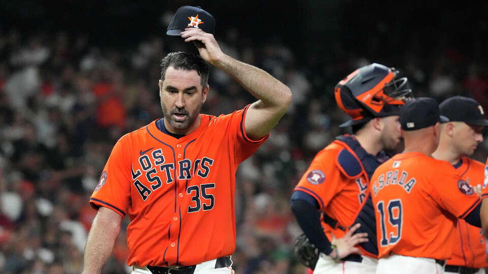 Houston Astros starting pitcher Justin Verlander (35) reacts as manager Joe Espada pulled him after Los Angeles Angels Eric Wagaman’s RBI double during the fifth inning of an MLB baseball game at Minute Maid Park on Friday, Sept. 20, 2024, in Houston.