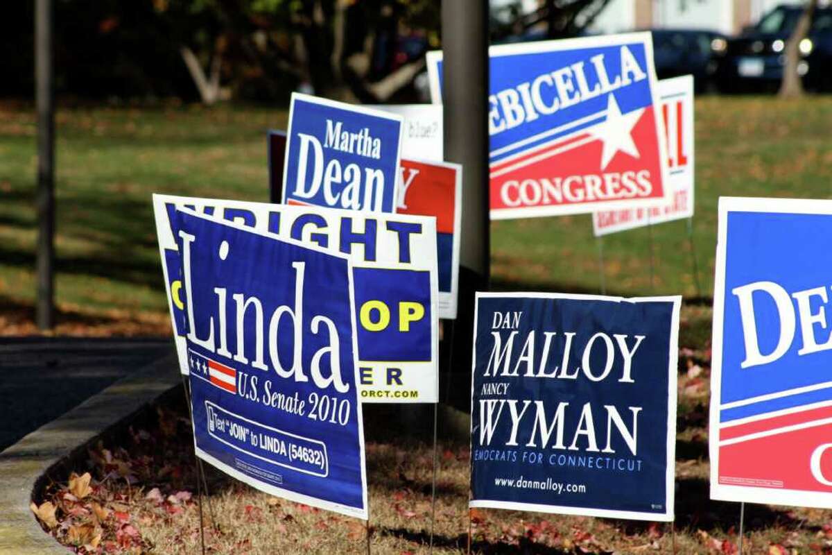 Numerous political signs cover the grass around Town Hall.
