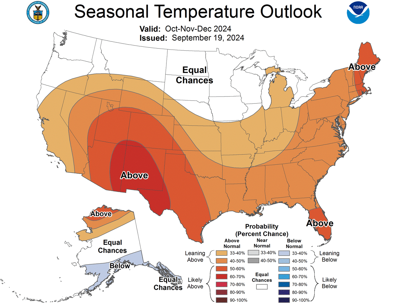 Shown is NOAA's outlook for Oct. 1 through Dec. 31. Above average temperatures are favored throughout Teaxs.