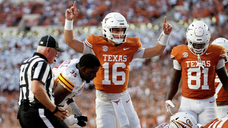 Arch Manning #16 of the Texas Longhorns reacts after a rushing touchdown in the first quarter against the Louisiana Monroe Warhawks at Darrell K Royal-Texas Memorial Stadium on September 21, 2024 in Austin, Texas. (Photo by Tim Warner/Getty Images)