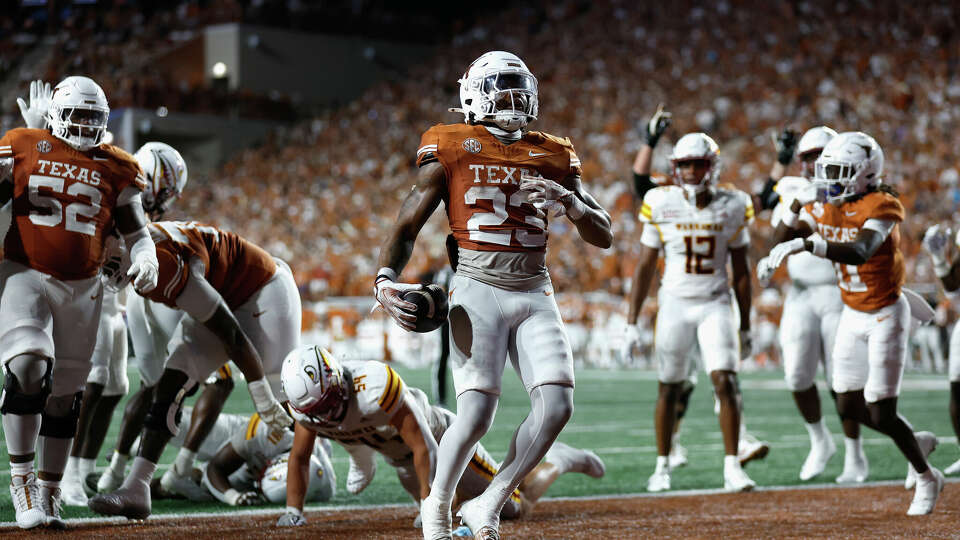 AUSTIN, TEXAS - SEPTEMBER 21: Jaydon Blue #23 of the Texas Longhorns reacts after a rushing touchdown in the second quarter against the Louisiana Monroe Warhawks at Darrell K Royal-Texas Memorial Stadium on September 21, 2024 in Austin, Texas. (Photo by Tim Warner/Getty Images)