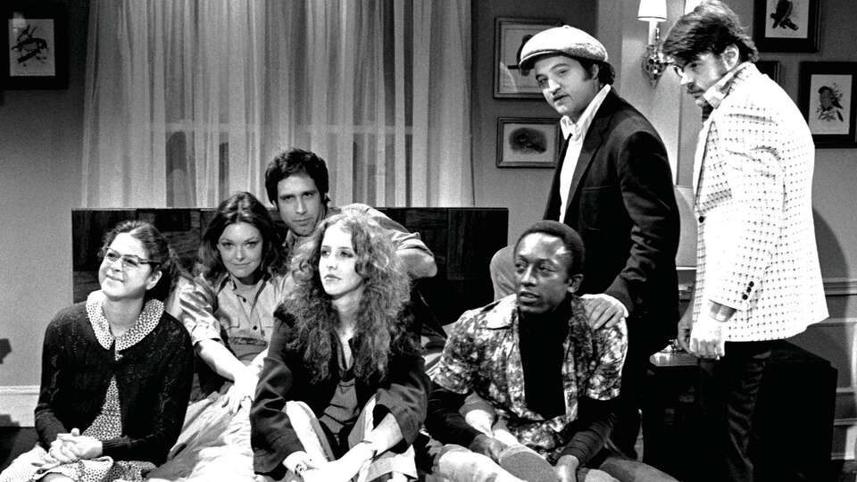 The original NBC 'Saturday Night Live' cast from the sketch comedy show's 1975 season. From left, are Gilda Radner, Jane Curtin, Chevy Chase, Laraine Newman, Garrett Morris, John Belushi and Dan Aykroyd. (AP Photo/ NBC Studios, Inc., Edie Baskin)