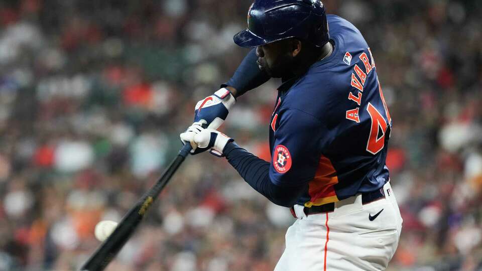 Houston Astros Yordan Alvarez (44) connects for a single off Los Angeles Angels starting pitcher Griffin Canning during the firs inning of an MLB baseball game at Minute Maid Park, Sunday, Sept. 22, 2024, in Houston.