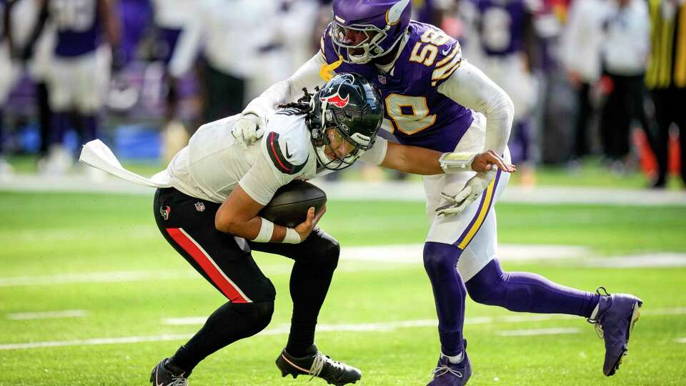 Minnesota Vikings linebacker Jonathan Greenard (58) sacks Houston Texans quarterback C.J. Stroud (7) during the second half of an NFL football game Sunday, Sept. 22, 2024, in Minneapolis, Minn.