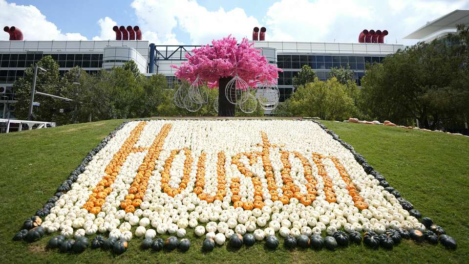 Pumpkins made into a Houston logo on a hill with a tree swing at the first annual Houston Pumpkin Festival at Discovery Green on Saturday, Sept. 21, 2024, in Houston, which goes on until Halloween.