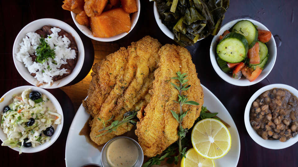 Fried Catfish and sides at Viola & Agnes’ Neo Soul Cafe in Seabrook.