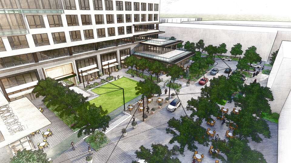 Early conceptual renderings for Park Eight Place, a 70-acre mixed-use walkable district proposed in Houston's Westchase area by real estate firm Johnson Development. 