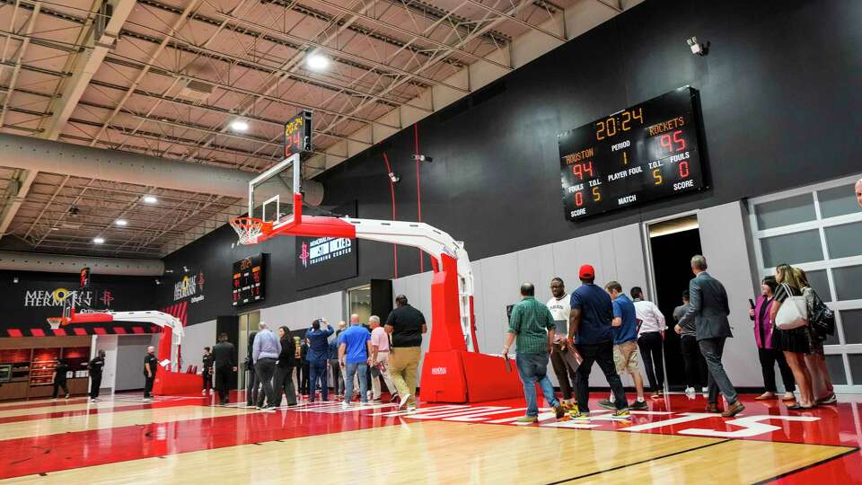 Members of the local media tour the Memorial Hermann Houston Rockets Training Center on Tuesday, Sept. 24, 2024 in Houston. The new 75,000 square foot complex will house the team’s practice courts, strength and conditioning training facilities, locker rooms for the Rockets and visiting teams, plus basketball operations offices.