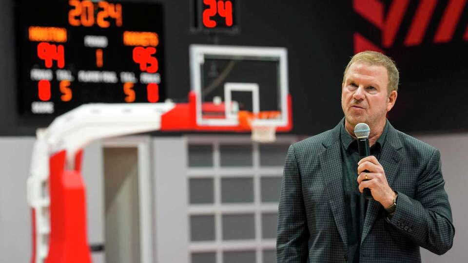 Houston Rockets owner Tilman Fertitta speaks during a news conference opening the Memorial Hermann Houston Rockets Training Center on Tuesday, Sept. 24, 2024 in Houston. The new 75,000 square foot complex will house the team’s practice courts, strength and conditioning training facilities, locker rooms for the Rockets and visiting teams, plus basketball operations offices.