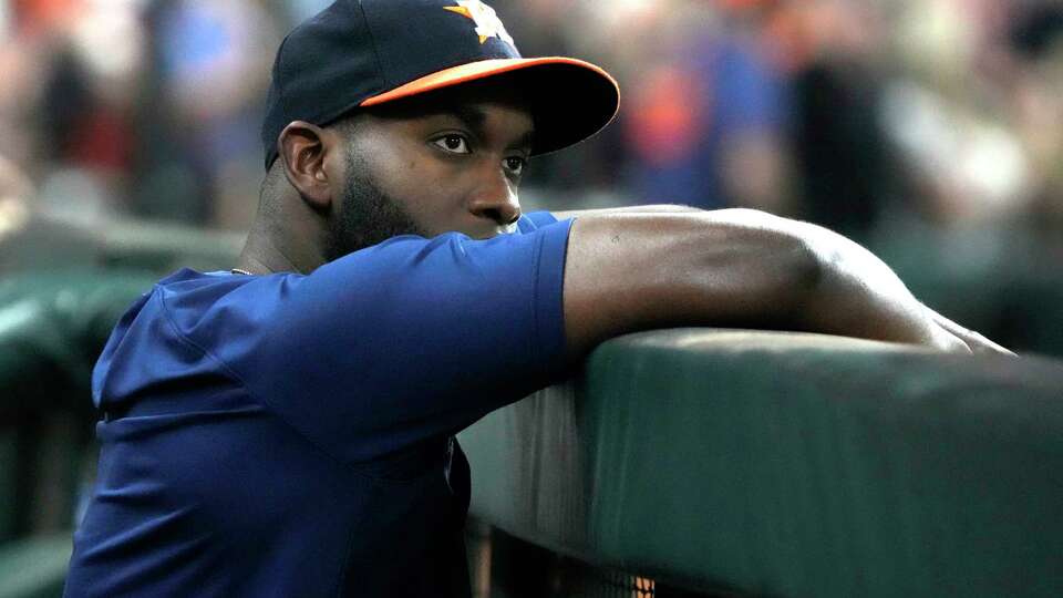 Houston Astros Yordan Alvarez in the dugout during the fourth inning of an MLB baseball game at Minute Maid Park on Tuesday, Sept. 24, 2024, in Houston.