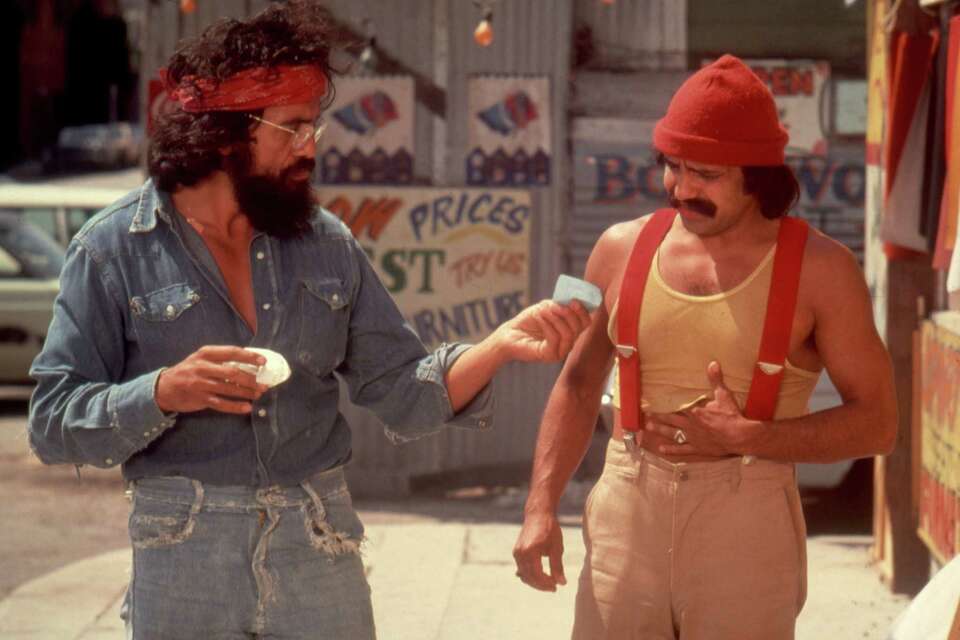 Comedians Tommy Chong and Cheech Marin in a scene from the movie “Up In Smoke” which was released in September 1978. 