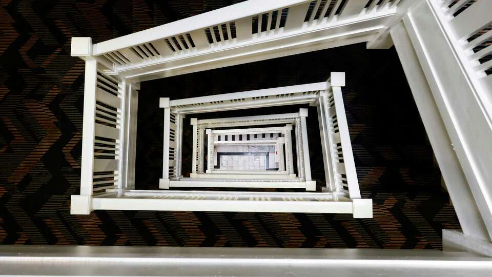 The famed staircase inside the Hotel Julian in San Francisco, California Friday, Sept. 6, 2024. Oxford Capital Group has renovated and is reopening the former Hotel Vertigo of Alfred Hitchcock fame in Nob Hill as the Hotel Julian.