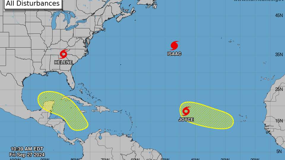 The National Hurricane Center is watching five areas for tropical storm activity over the next seven days. Helene is expected to weaken over land in the eastern United States, Tropical Storm Joyce formed Friday morning and Hurricane Issac is on track to spin out into the eastern half of the North Atlantic.