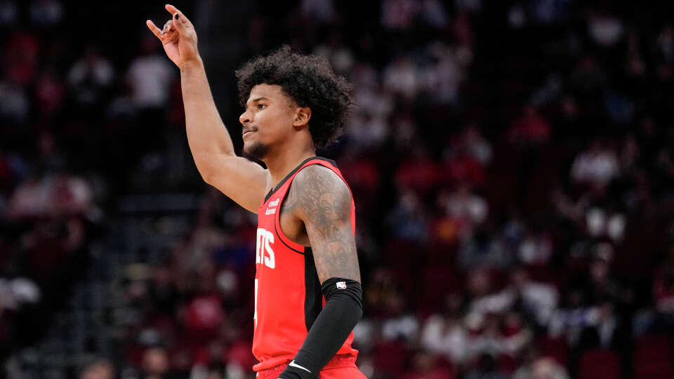 Houston Rockets guard Jalen Green (4) reacts after hitting a 3-pointer against the Los Angeles Clippers during the first half on an NBA basketball game on Wednesday, March 6, 2024 in Houston.