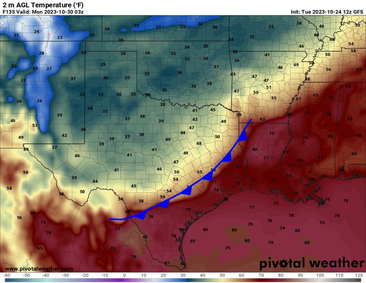 Shown is a cold front that moved through Texas on Oct. 29-30, 2023. It was Houston's first strong cold front of last year's fall. 