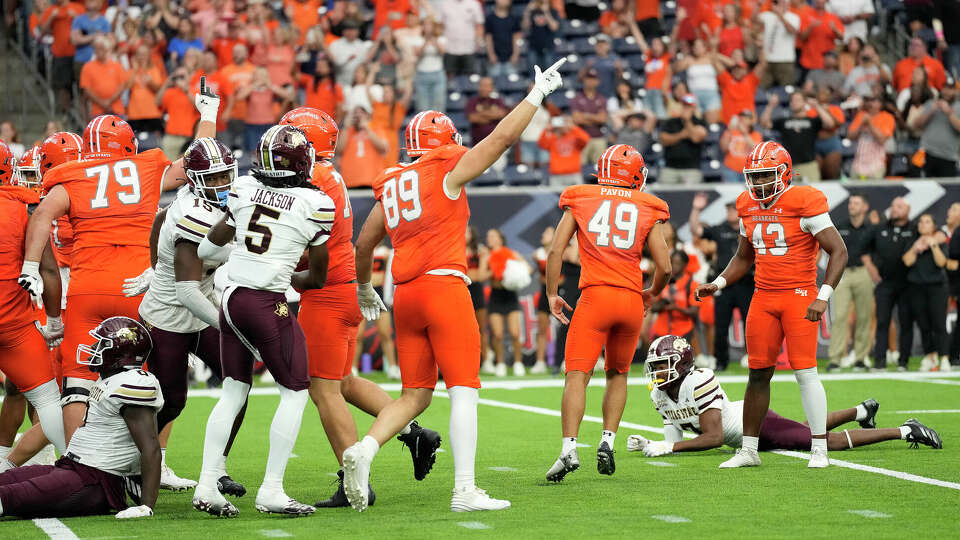 Sam Houston State Bearkats place kicker Christian Pavon (49) reacts as he kicked the winning field goal beating the Texas State Bobcats 40-39 during the second half of the H-Town Showdown college football game at NRG Stadium on Saturday, Sept. 28, 2024, in Houston.