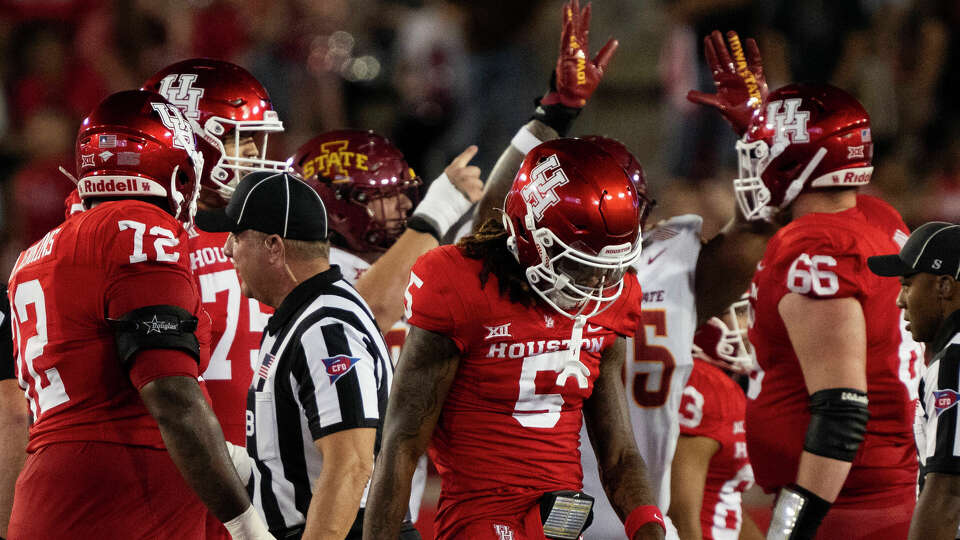 Houston Cougars wide receiver Stephon Johnson (5) reacts after his fumble was recovered by Iowa State during the third quarter of a Big 12 college football game at TDECU Stadium, Saturday, Sept. 28, 2024, in Houston.