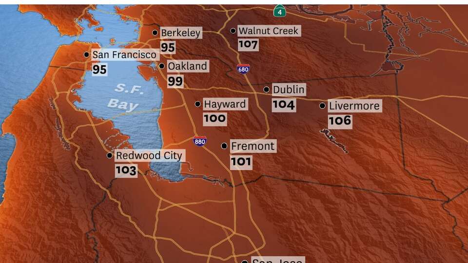 Temperatures are forecast to be 15 to 25 degrees above normal throughout the Bay Area on Tuesday, in the 90s to low 100s along the bay shoreline and up to 107 degrees inland.