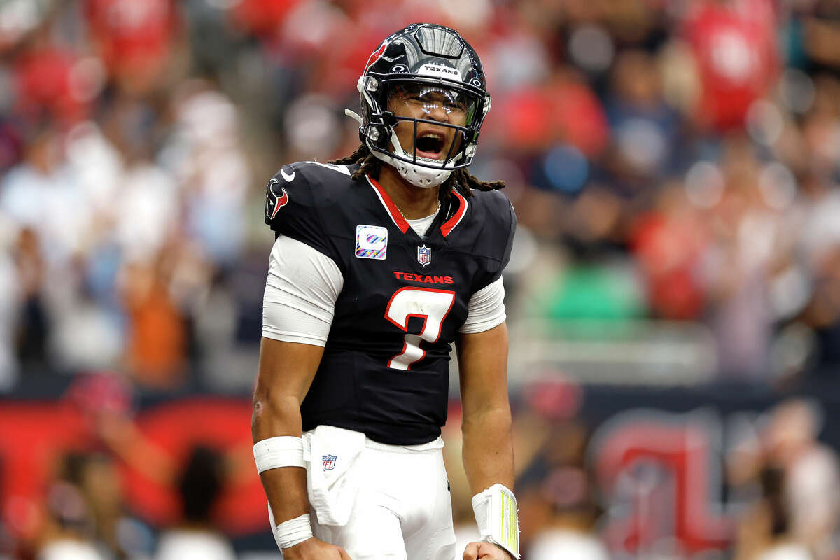 C.J. Stroud of the Houston Texans celebrates after a touchdown against the Jacksonville Jaguars during the fourth quarter of the game at NRG Stadium on September 29, 2024, in Houston, Texas. 