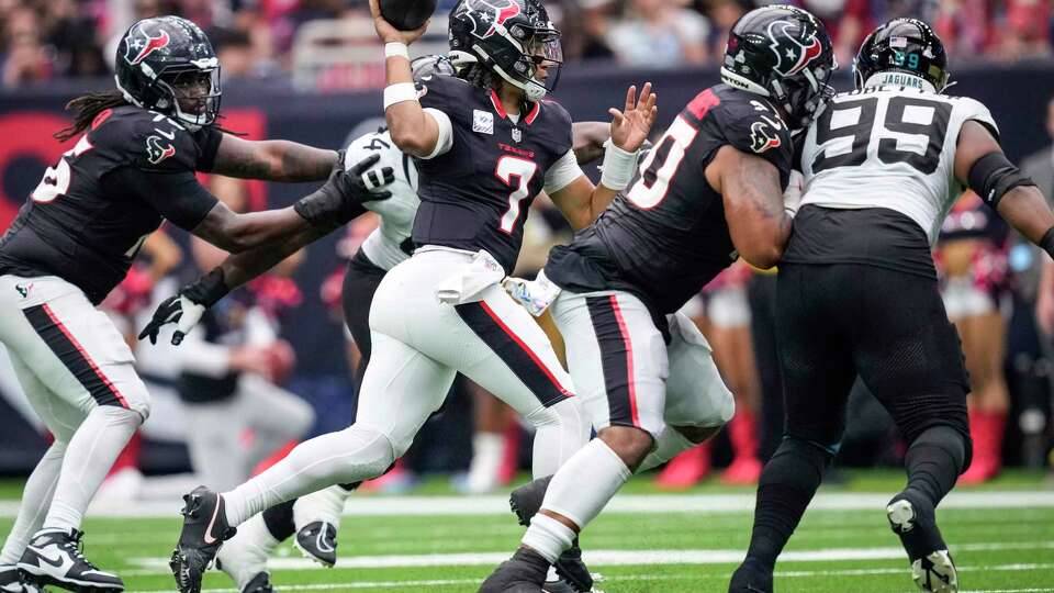 Houston Texans quarterback C.J. Stroud (7) passes agaisnt the Jacksonville Jaguars during the second half of an NFL football game Sunday, Sept. 29, 2024, in Houston.