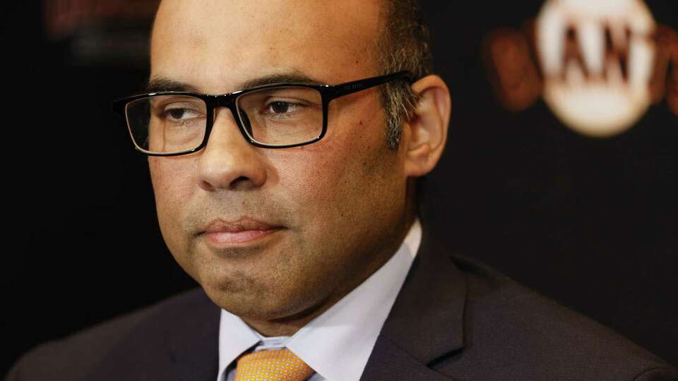 San Francisco Giants president of baseball operations Farhan Zaidi during a news conference at Oracle Park in San Francisco on Thursday, Sept. 5, 2024. The Giants and their third baseman Matt Chapman agreed to a six-year contract extension worth $151 million.