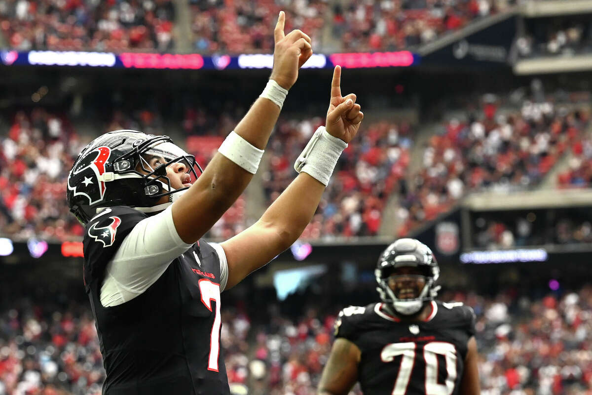 C.J. Stroud #7 of the Houston Texans celebrates a touchdown during the fourth quarter of the game against the Jacksonville Jaguars at NRG Stadium on September 29, 2024 in Houston, Texas. 