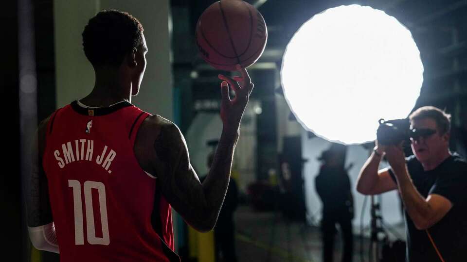 Houston Rockets forward Jabari Smith Jr. poses for a portrait during Rockets Media Day at Toyota Center on Monday, Sept. 30, 2024 in Houston.