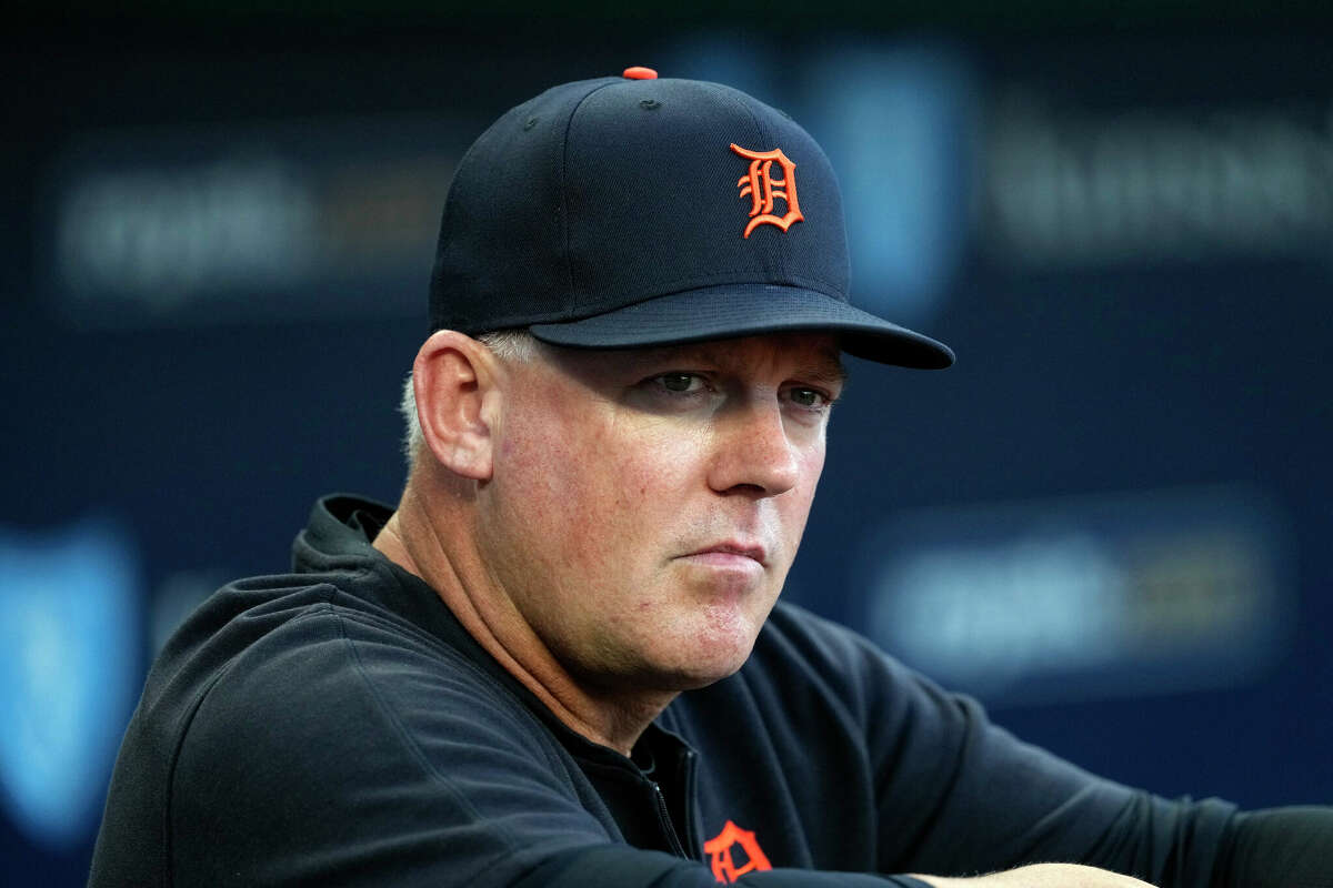 KANSAS CITY, MISSOURI - SEPTEMBER 18: A.J. Hinch #14 of the Detroit Tigers is seen prior to a game against the Kansas City Royals at Kauffman Stadium on September 18, 2024 in Kansas City, Missouri. (Photo by Ed Zurga/Getty Images)