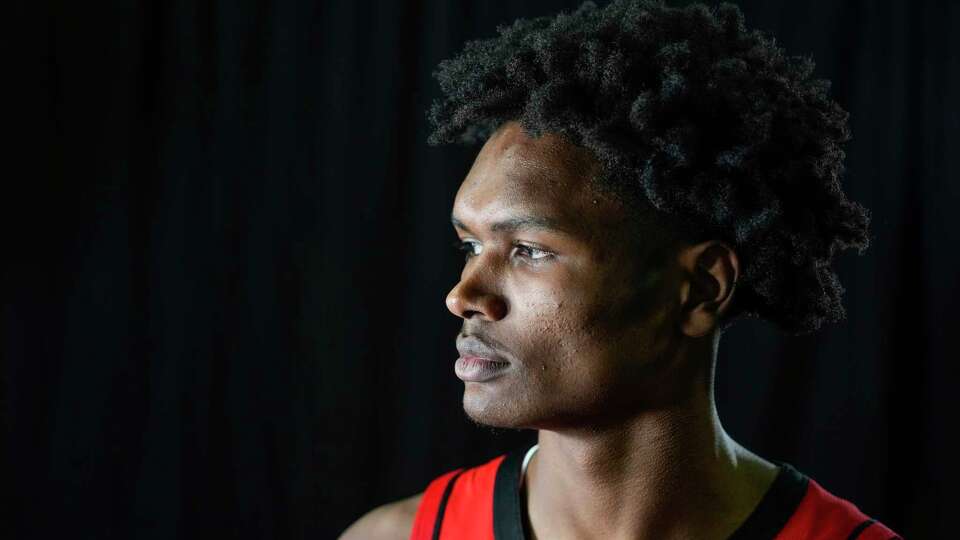 Houston Rockets guard Amen Thompson poses for a portrait during Rockets Media Day at Toyota Center on Monday, Sept. 30, 2024 in Houston.