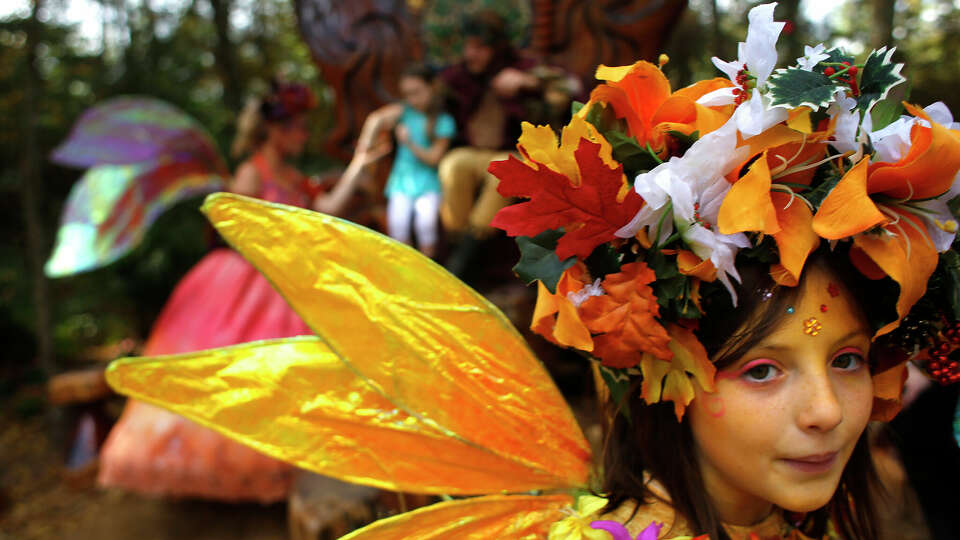 Sophie Deagun plays Flutter Fly the fairy next to Queen Titania and King Oberon, King of the Fairies at the Texas Renaissance Festival Saturday, Nov. 29, 2014, in Todd Mission. Sunday is the last day for the festival this year. ( Johnny Hanson / Houston Chronicle )